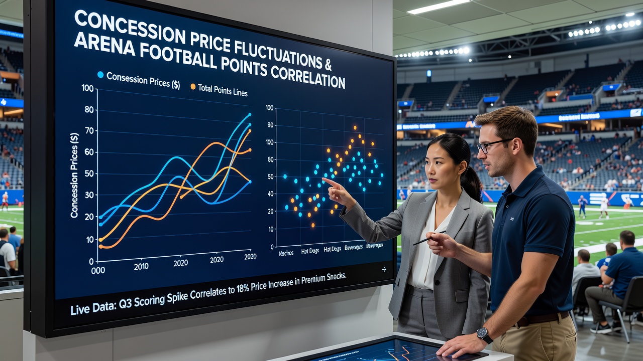 Grafik mit Korrelationskoeffizienten zwischen Konzessionspreisen und Arena-Football-Punktetotals über mehrere Saisons