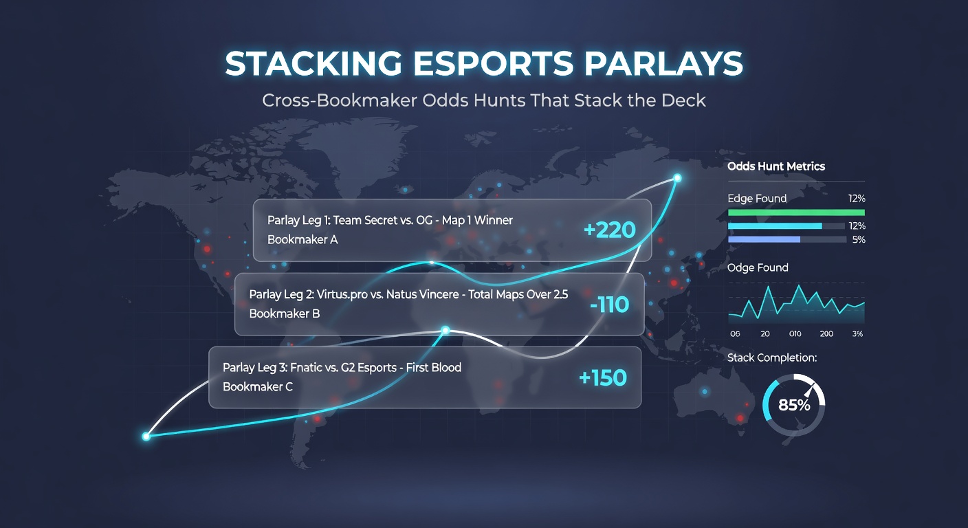 Screenshot eines Odds-Vergleichstools mit Esports-Märkten aus CS2 und League of Legends, gestapelte Parlays hervorgehoben neben Buchmacher-Logos